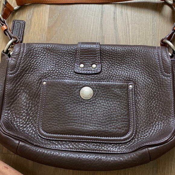 Brown leather Chelsea handbag with light purple stitching and purple interior. - Picture 4 of 6